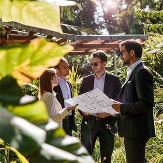 Equipo de consultores revisa planos entre vegetación